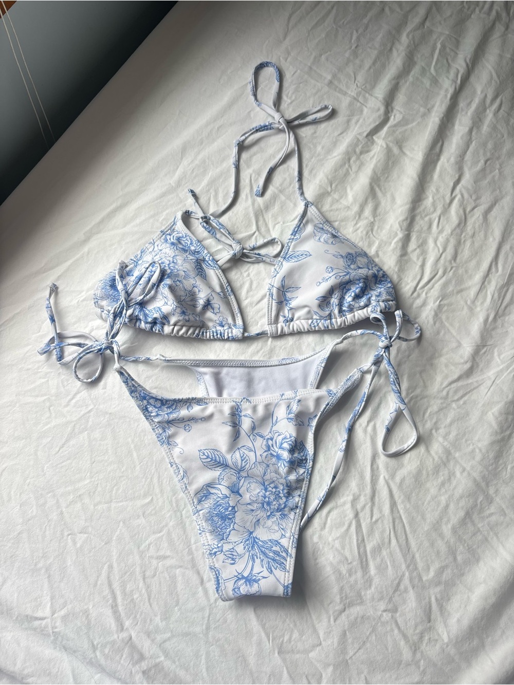 White & Light Blue Floral Tie-Side Bikini Set